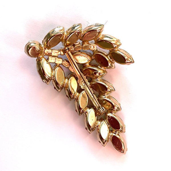 Green and Lemon Rhinestone Vintage Leaves Brooch