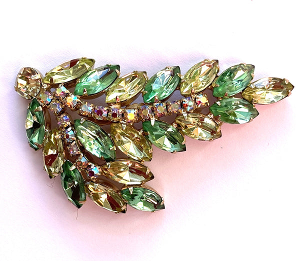 Green and Lemon Rhinestone Vintage Leaves Brooch