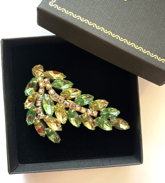 Green and Lemon Rhinestone Vintage Leaves Brooch