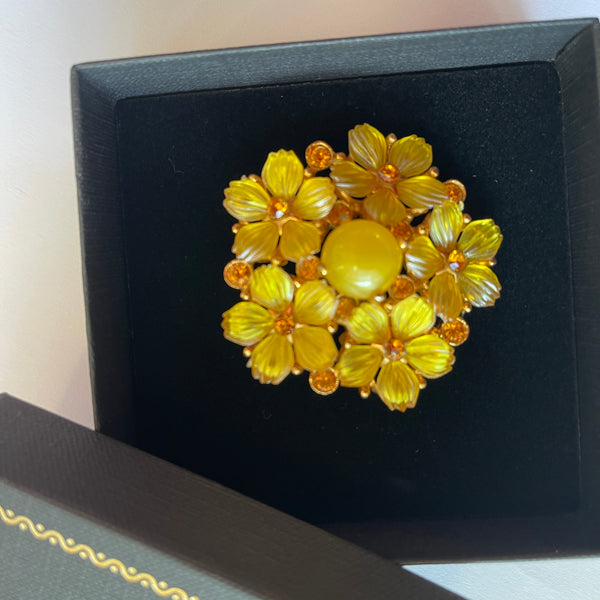 Yellow Lucite Flower Head Brooch