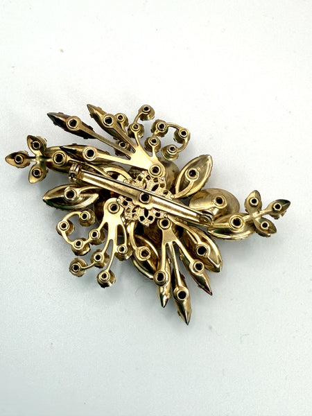 1950's Beau Jewels Carved Stone & Aurora Borealis Rhinestone Brooch & Earrings