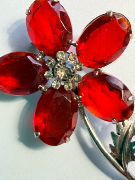Red Rhinestone Flower Head Vintage Brooch