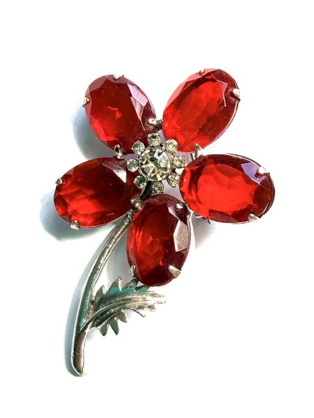 Red Rhinestone Flower Head Vintage Brooch