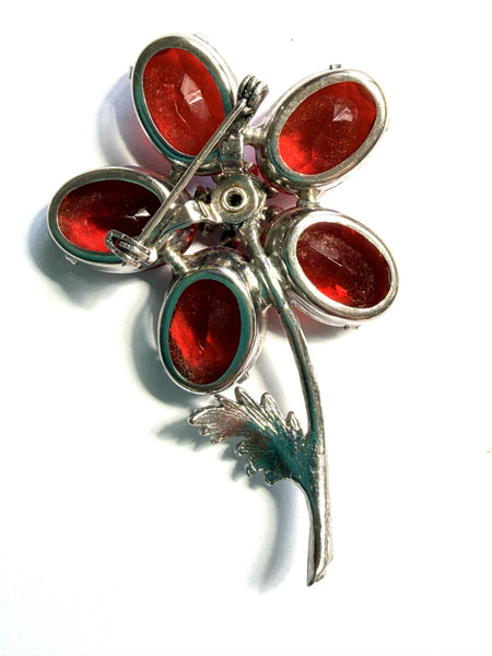 Red Rhinestone Flower Head Vintage Brooch