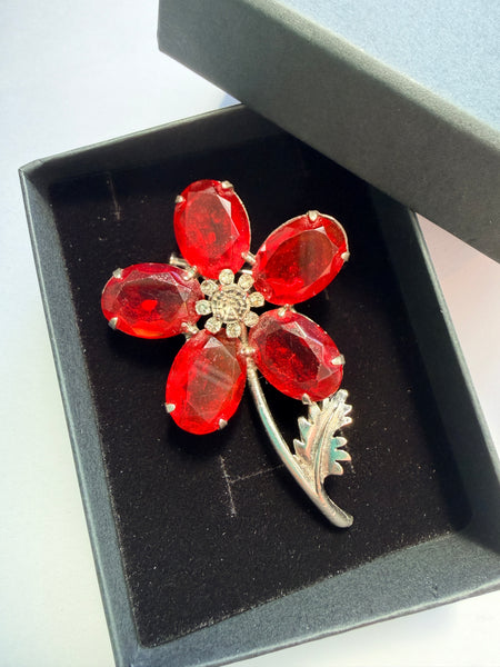 Red Rhinestone Flower Head Vintage Brooch