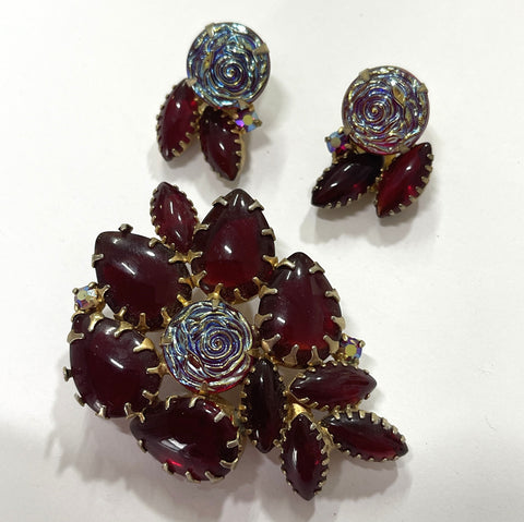 Ruby Red Glass Vintage 60's Brooch and Earrings