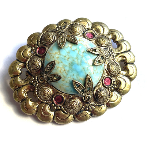 Czech Vintage Aqua Stone Brooch