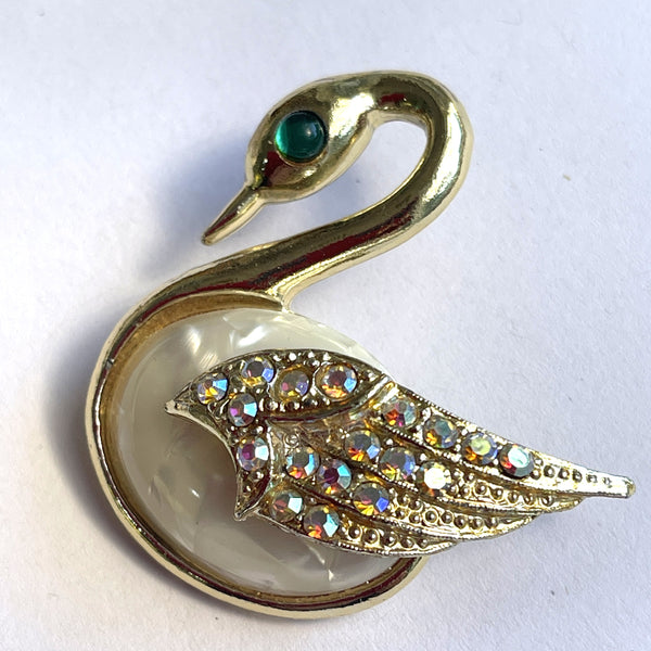 Pearlized Rhinestone Swan Brooch