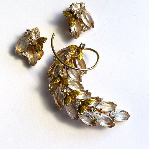 Crystal Rhinestone Earrings and Brooch Vintage Set