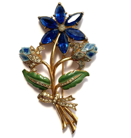 1940's Blue Sapphire Rhinestone Vintage Flower Brooch