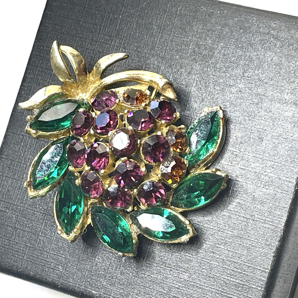 Purple & Green Rhinestone Vintage Brooch