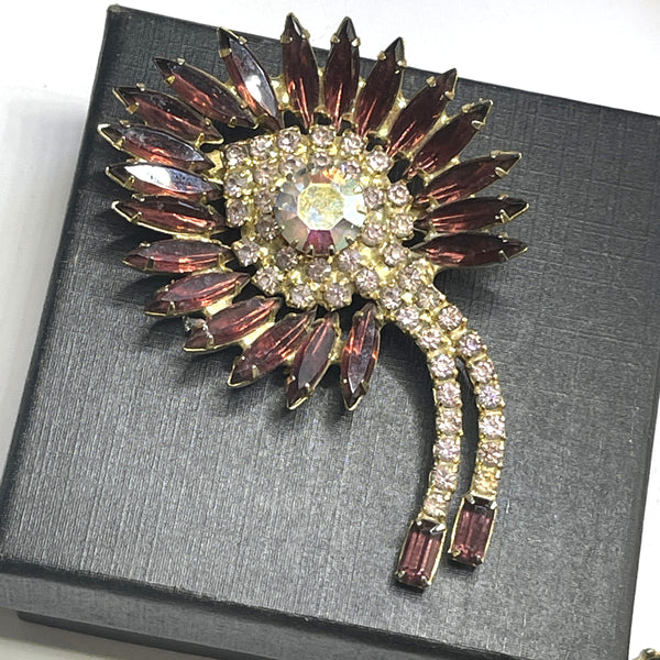 Deep Purple and Clear Rhinestone Vintage Brooch