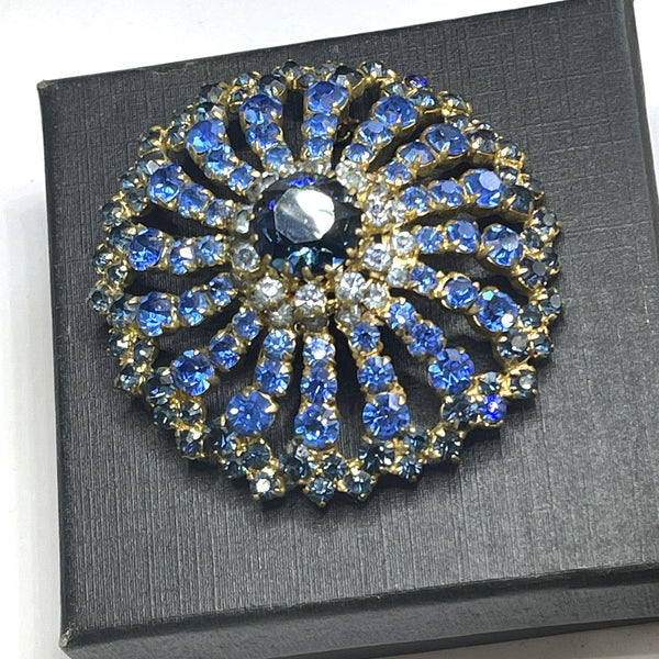 1960's Blue Rhinestone Pinwheel Vintage Brooch