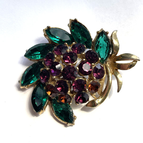 Purple & Green Rhinestone Vintage Brooch