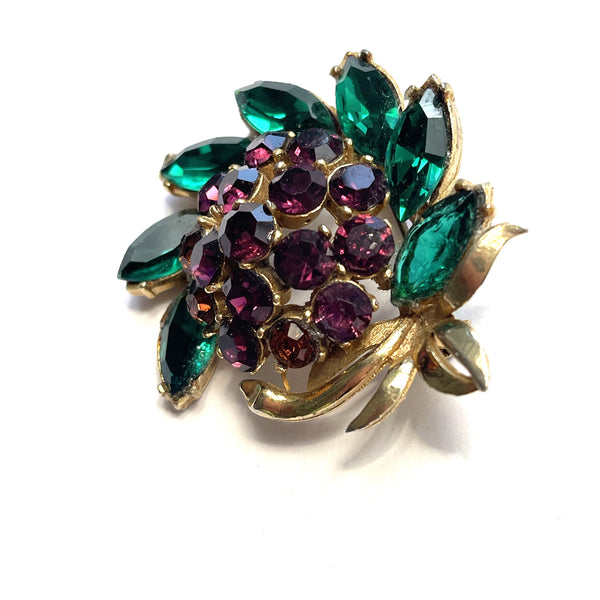 Purple & Green Rhinestone Vintage Brooch