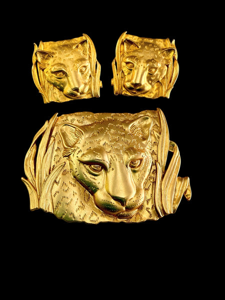 JJ Jonette Leopard Brooch and Earrings 1986-JJ Jonette-Vintage Online
