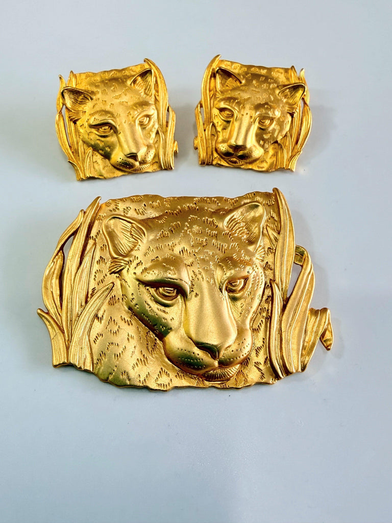 JJ Jonette Leopard Brooch and Earrings 1986-JJ Jonette-Vintage Online