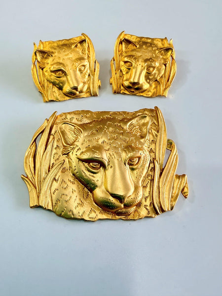 JJ Jonette Leopard Brooch and Earrings 1986-JJ Jonette-Vintage Online