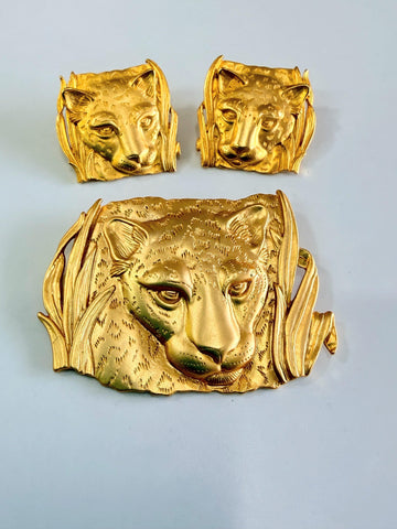 JJ Jonette Leopard Brooch and Earrings 1986-JJ Jonette-Vintage Online