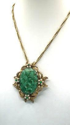 Jadeite Pearl Pendant Brooch-Vintageonline-Vintage Online