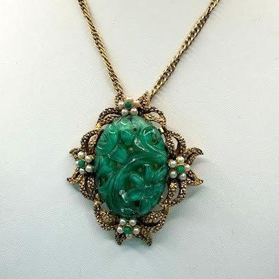 Jadeite Pearl Pendant Brooch-Vintageonline-Vintage Online