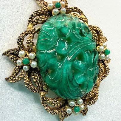 Jadeite Pearl Pendant Brooch-Vintageonline-Vintage Online