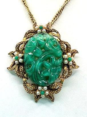 Jadeite Pearl Pendant Brooch-Vintageonline-Vintage Online