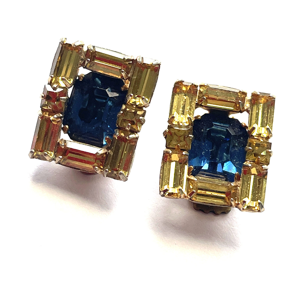 Kramer New York 1960's Yellow & Blue Rhinestone Earrings – Vintage