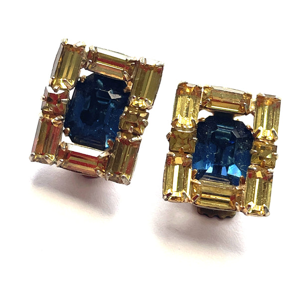 Kramer New York 1960's Yellow & Blue Rhinestone Earrings-Kramer of New York-Vintage Online