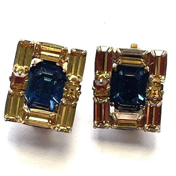 Kramer New York 1960's Yellow & Blue Rhinestone Earrings-Kramer of New York-Vintage Online