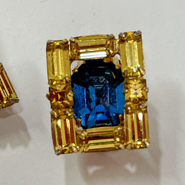 Kramer New York 1960's Yellow & Blue Rhinestone Earrings-Kramer of New York-Vintage Online