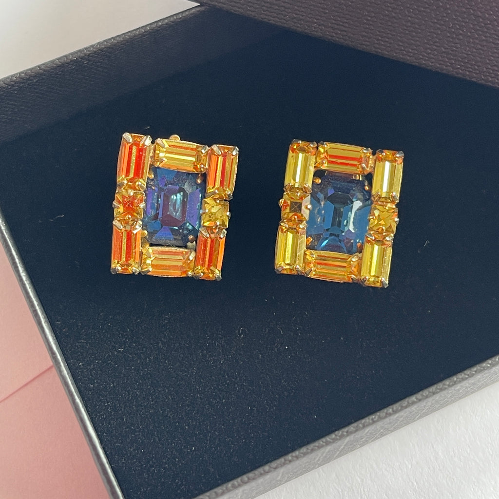 Kramer New York 1960's Yellow & Blue Rhinestone Earrings – Vintage