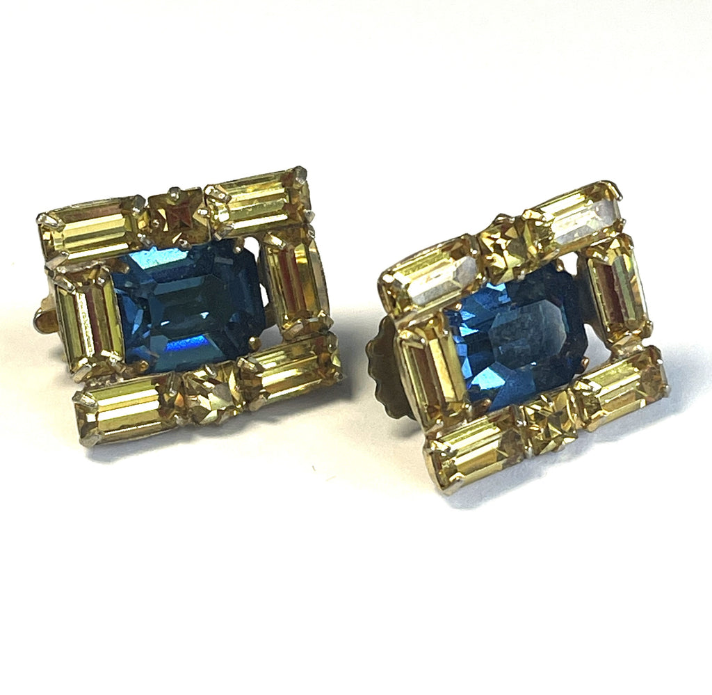 Kramer New York 1960's Yellow & Blue Rhinestone Earrings-Kramer of New York-Vintage Online