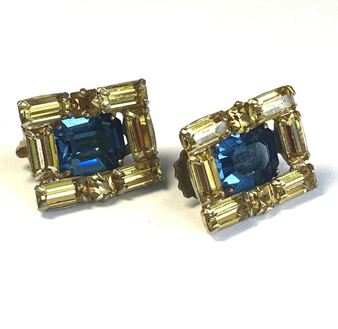 Kramer New York 1960's Yellow & Blue Rhinestone Earrings-Kramer of New York-Vintage Online