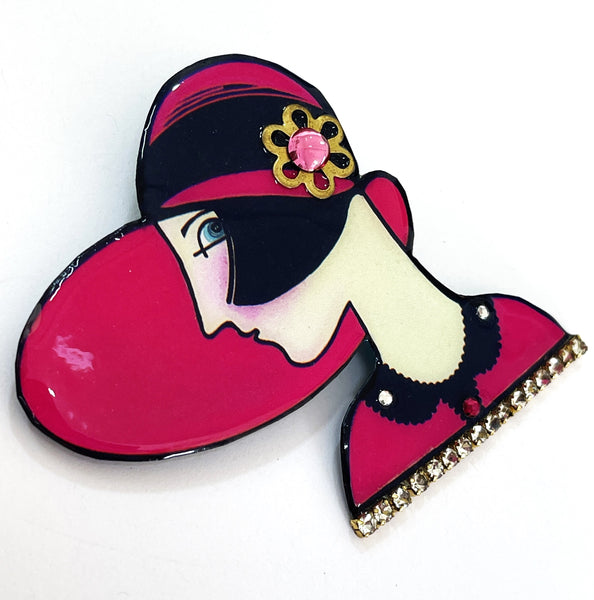 Lady Head, Wide Brimmed Cloche Handcrafted Brooch, Cat Walk Designs UK-Cat Walk Designs UK-Vintage Online