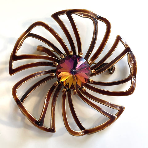 Large Vintage Enamelled Pinwheel Brooch With Watermelon Stone-Vintageonline-Vintage Online