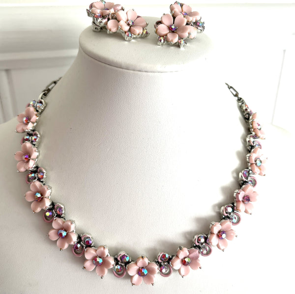 Lisner Designer Floral Lucite Necklace and Earrings Set 1960's-Vintage Online-Vintage Online