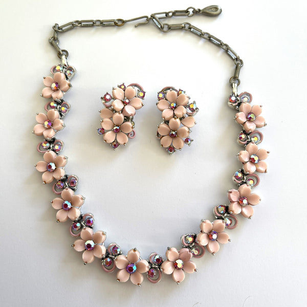 Lisner Designer Floral Lucite Necklace and Earrings Set 1960's-Vintage Online-Vintage Online