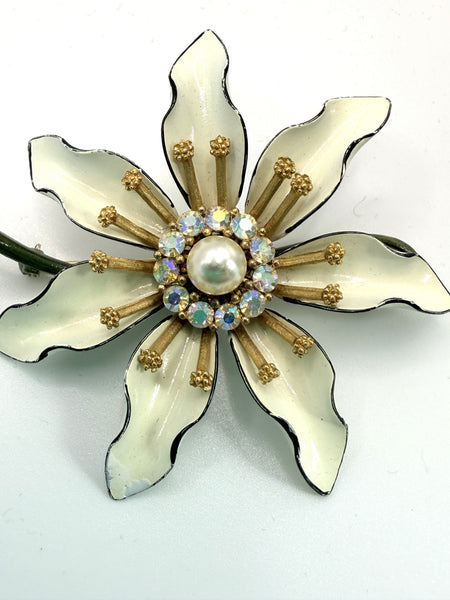 Lisner USA Mid Century Flower Power Rhinestone & Pearl Brooch-Lisner-Vintage Online