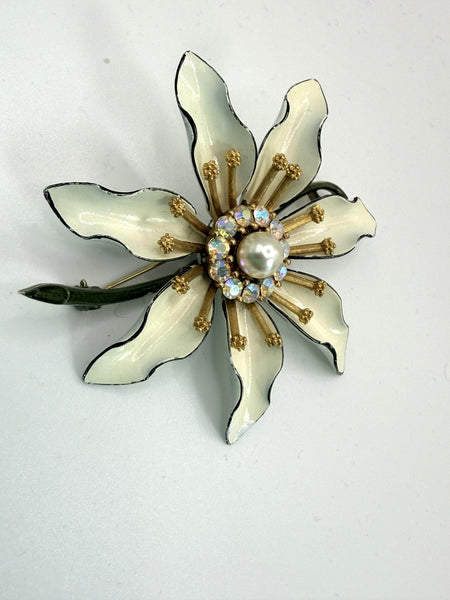 Lisner USA Mid Century Flower Power Rhinestone & Pearl Brooch-Lisner-Vintage Online