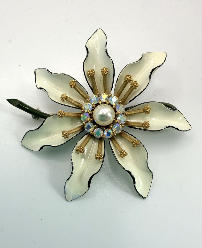 Lisner USA Mid Century Flower Power Rhinestone & Pearl Brooch-Lisner-Vintage Online
