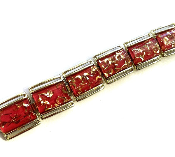 Lucite Vintage Bracelet 1950's Gold Flakes in Red-Vintageonline-Vintage Online