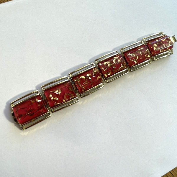 Lucite Vintage Bracelet 1950's Gold Flakes in Red-Vintageonline-Vintage Online