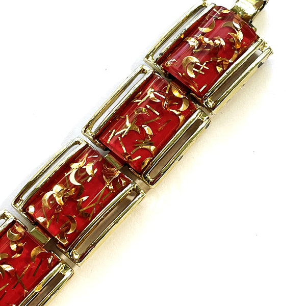 Lucite Vintage Bracelet 1950's Gold Flakes in Red-Vintageonline-Vintage Online