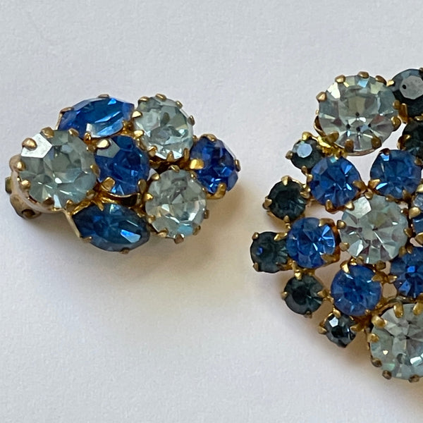 Made in Austria Blue Rhinestone Vintage 60's Brooch and Earrings-Vintageonline-Vintage Online