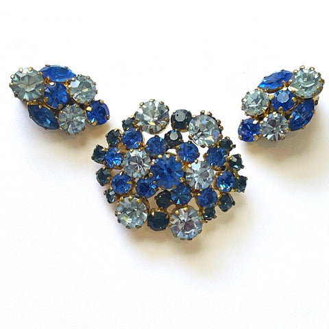 Made in Austria Blue Rhinestone Vintage 60's Brooch and Earrings-Vintageonline-Vintage Online