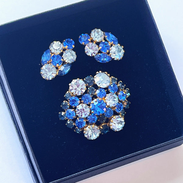 Made in Austria Blue Rhinestone Vintage 60's Brooch and Earrings-Vintageonline-Vintage Online