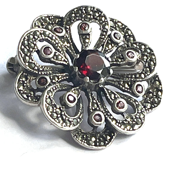 Marcasite & Garnet Sterling Pendant Brooch-Vintageonline-Vintage Online