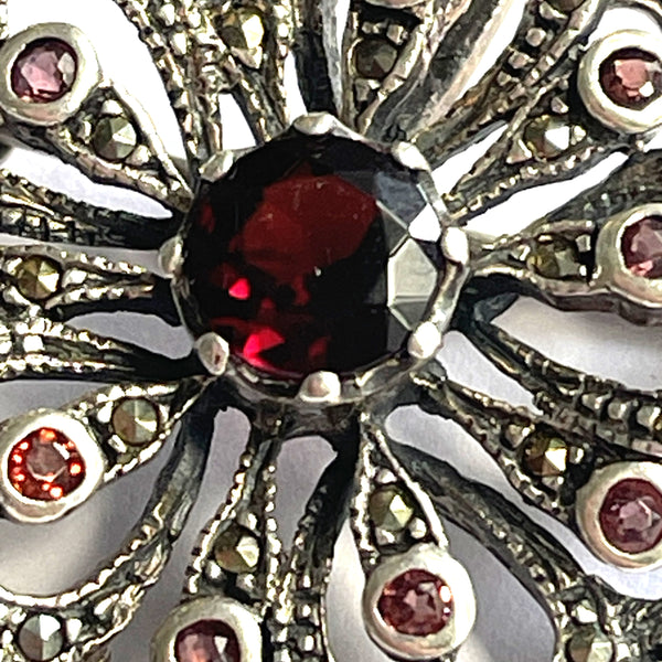 Marcasite & Garnet Sterling Pendant Brooch-Vintageonline-Vintage Online