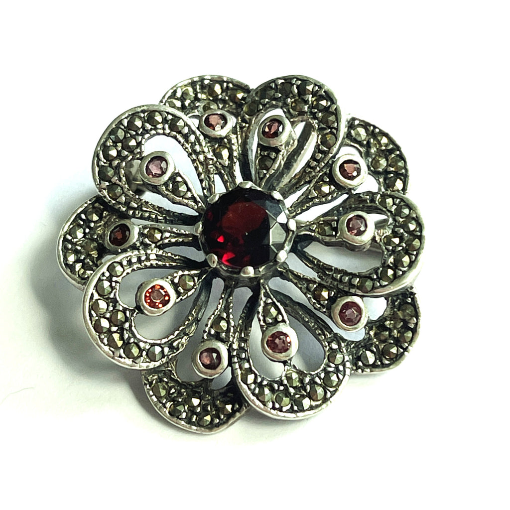 Marcasite & Garnet Sterling Pendant Brooch-Vintageonline-Vintage Online